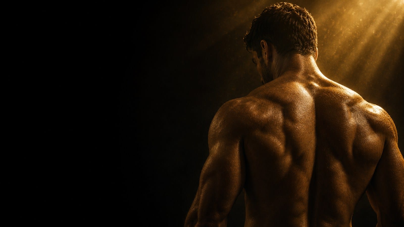 Muscular male back lit with warm golden light rays on a deep black background